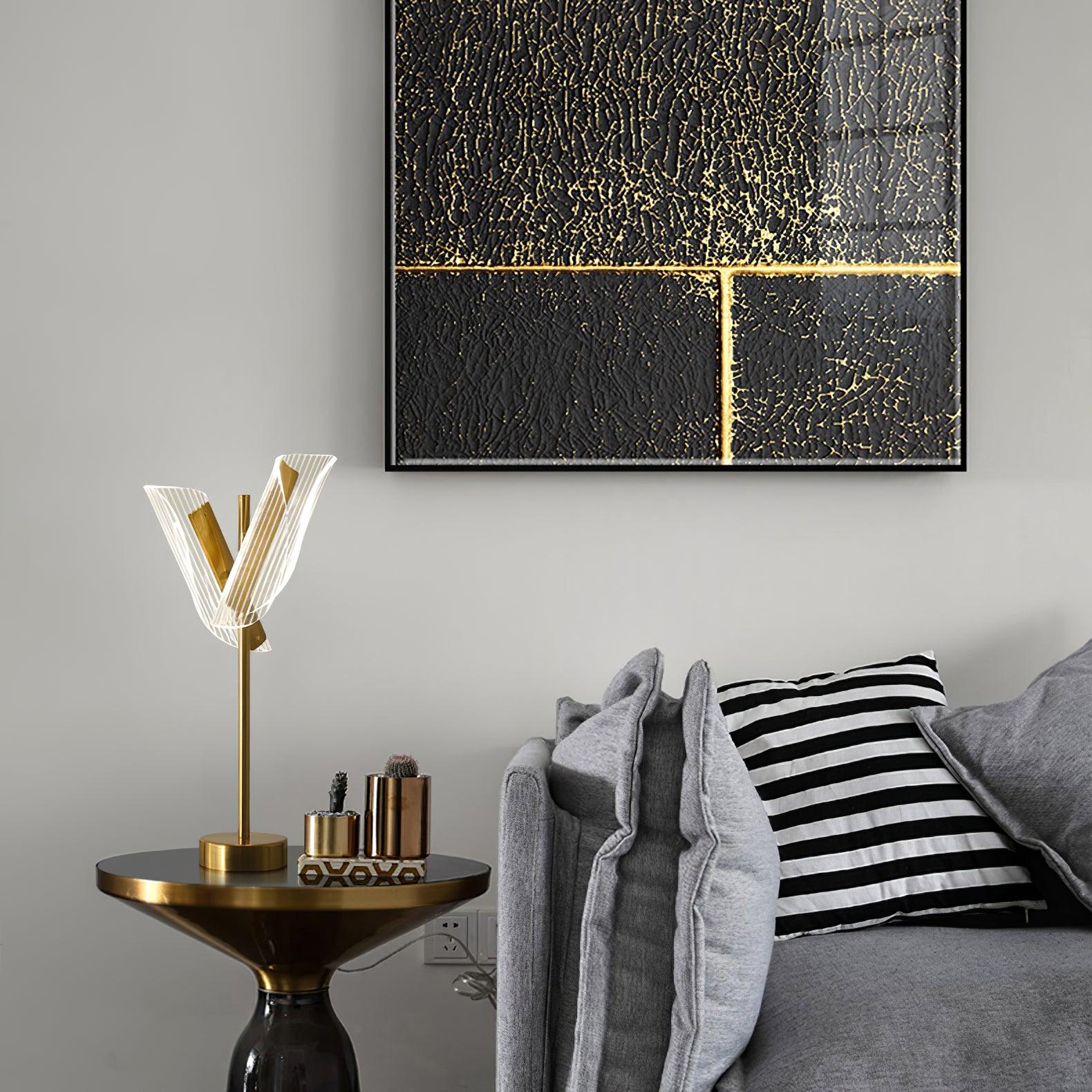 Modern Flame Shaped Acrylic Table Lamp with Gold Metal Base and Integrated LED