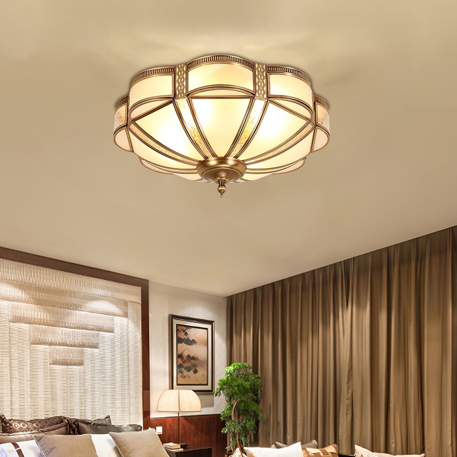 Elegant Floral Brass Flush Mount Ceiling Light with Milk Glass Shade