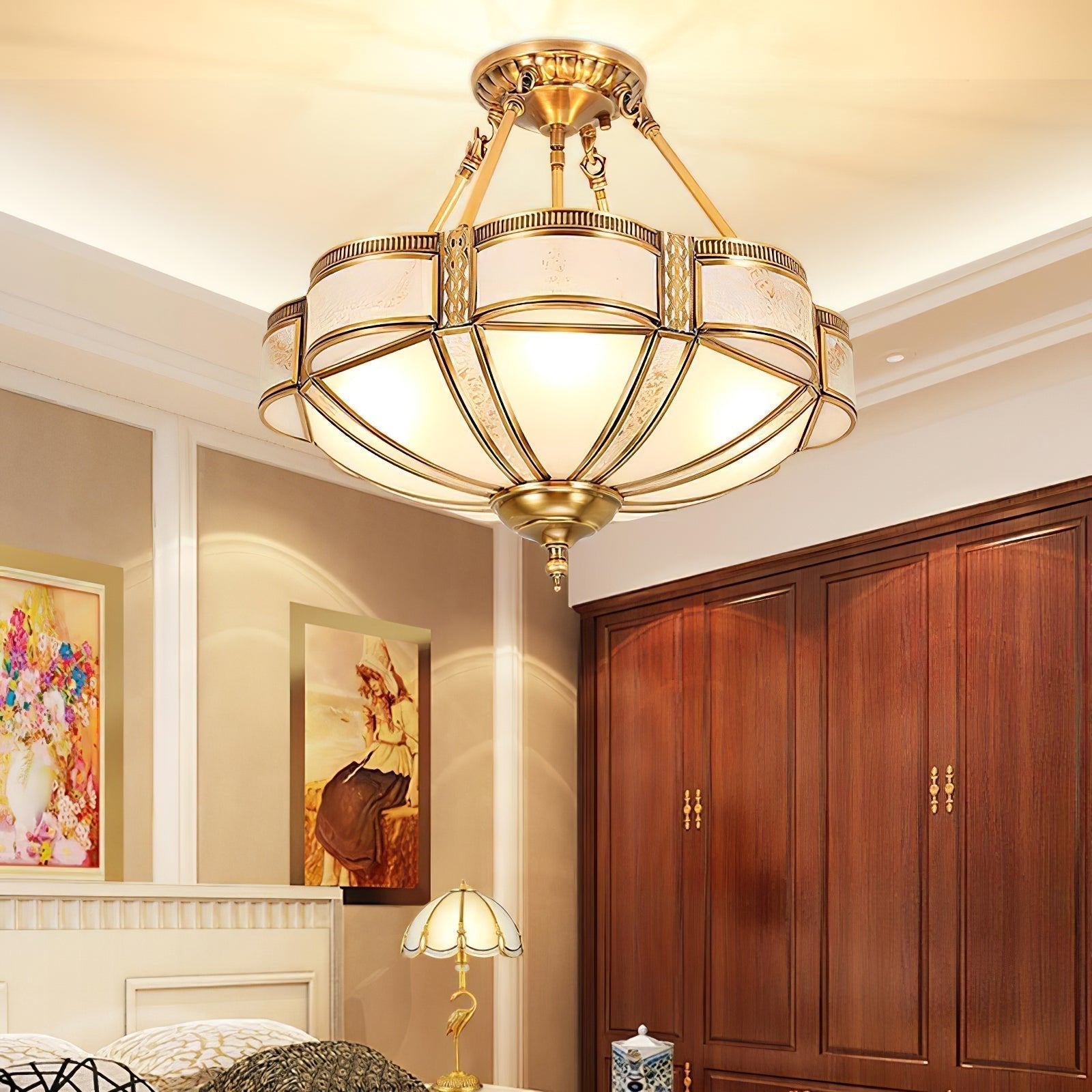 Elegant Floral Brass Flush Mount Ceiling Light with Milk Glass Shade
