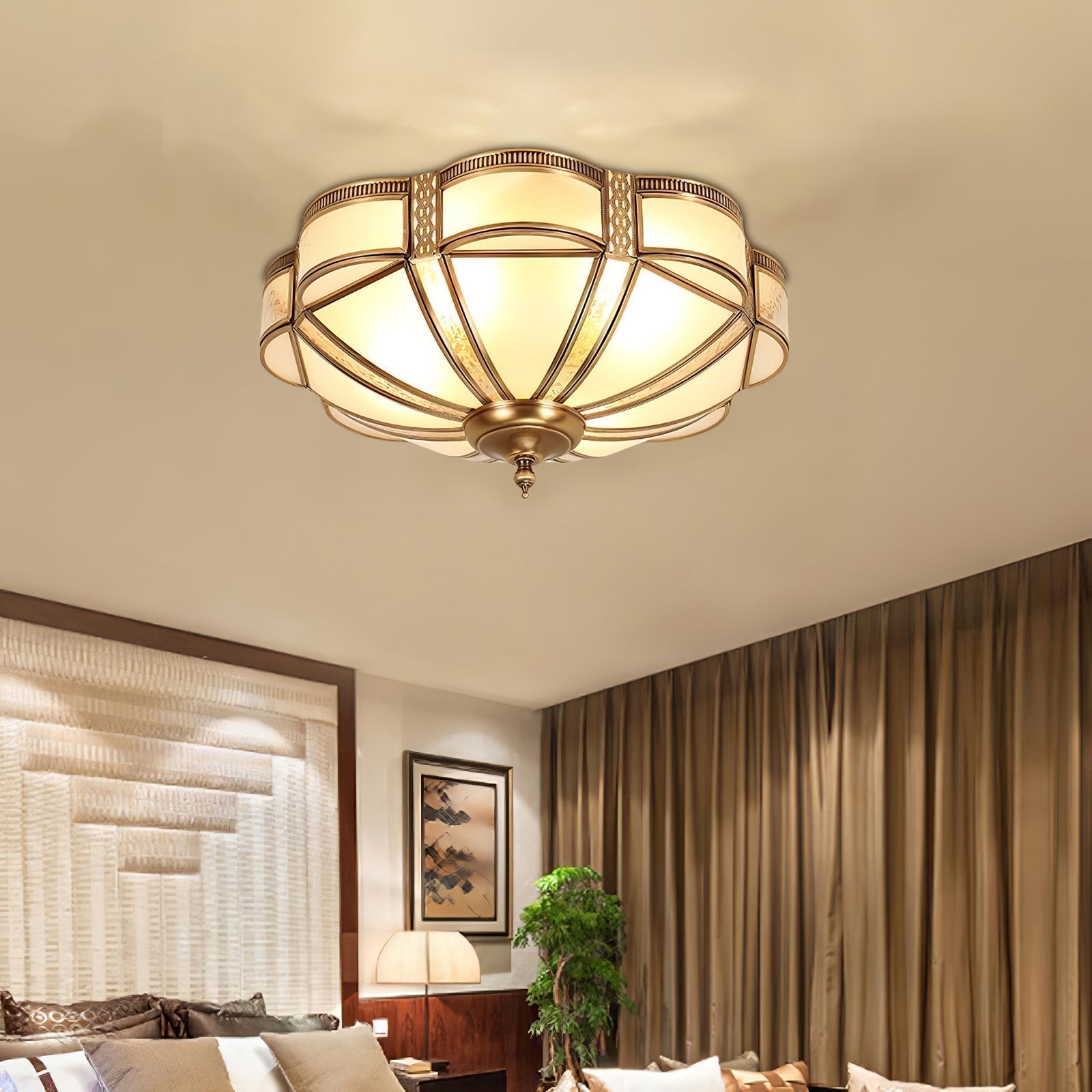 Elegant Floral Brass Flush Mount Ceiling Light with Milk Glass Shade