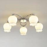 Elegant White Floral Glass Overhead Ceiling Lamp with Chrome Metal Base for Indoor Use