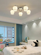 Elegant White Floral Glass Overhead Ceiling Lamp with Chrome Metal Base for Indoor Use