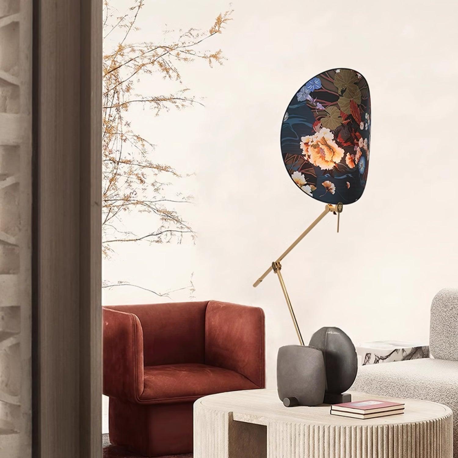 Botanical Print Cylinder Floor Lamp with Brass Tripod Base and Fabric Shade