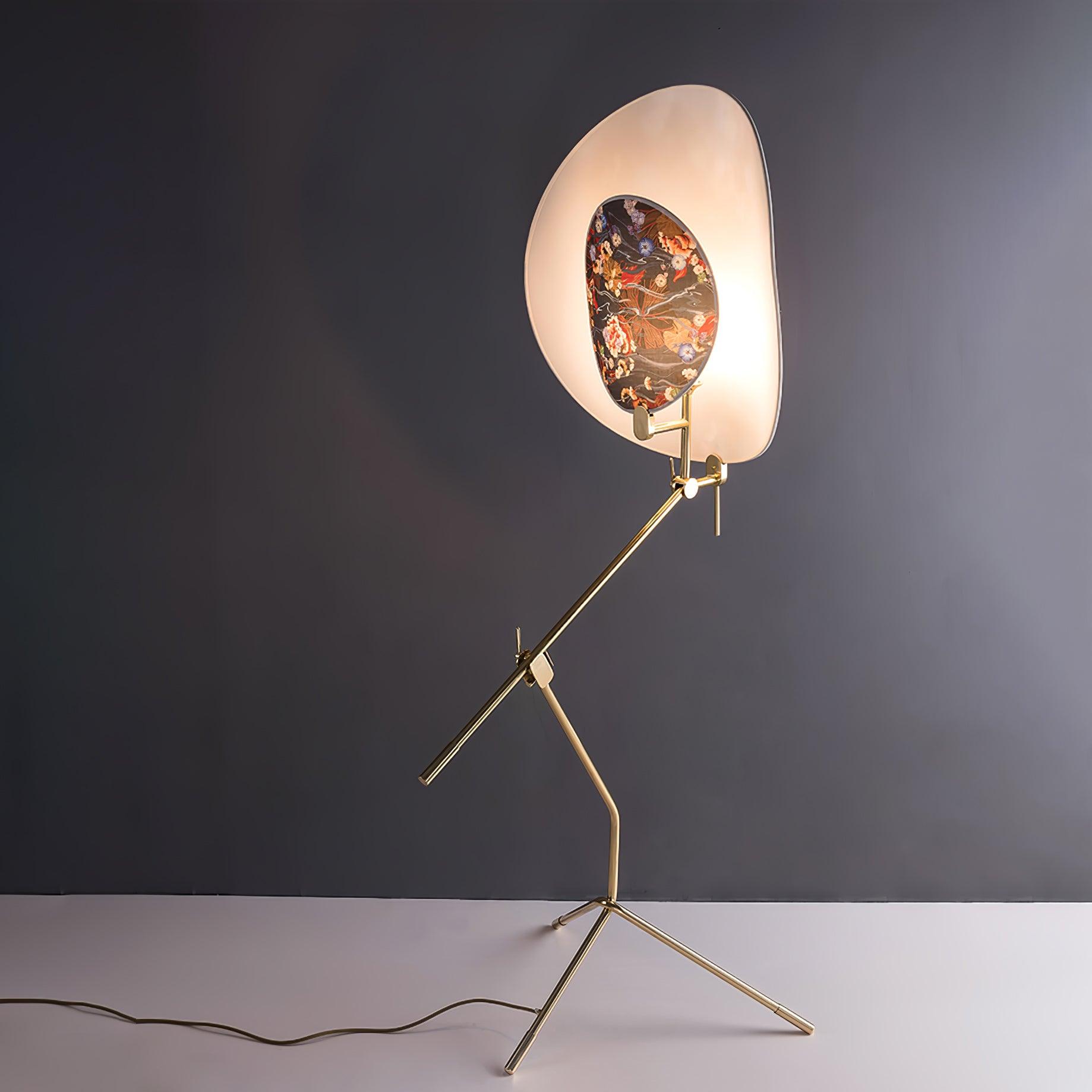 Botanical Print Cylinder Floor Lamp with Brass Tripod Base and Fabric Shade