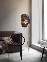 Botanical Print Cylinder Floor Lamp with Brass Tripod Base and Fabric Shade