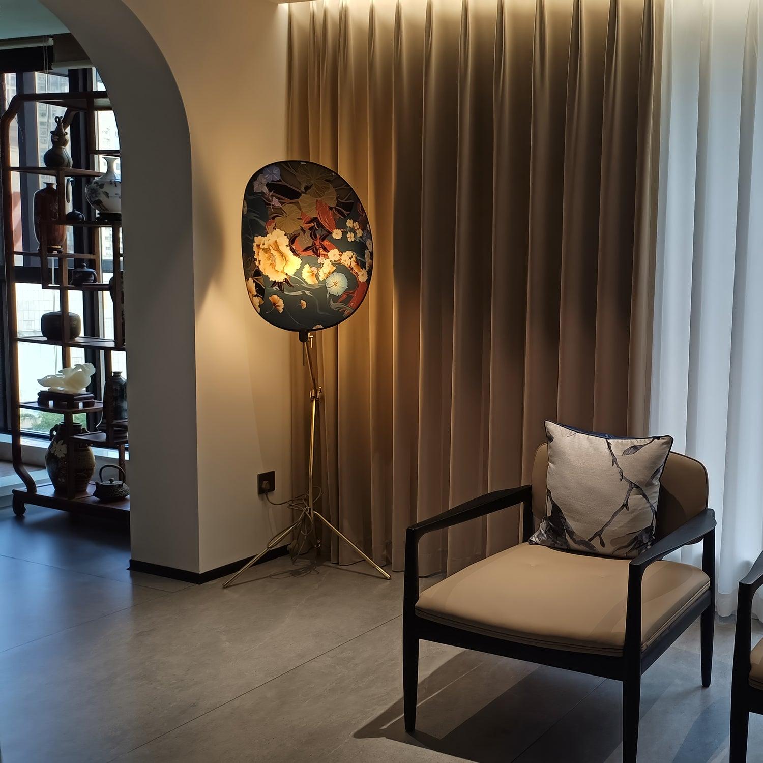 Botanical Print Cylinder Floor Lamp with Brass Tripod Base and Fabric Shade