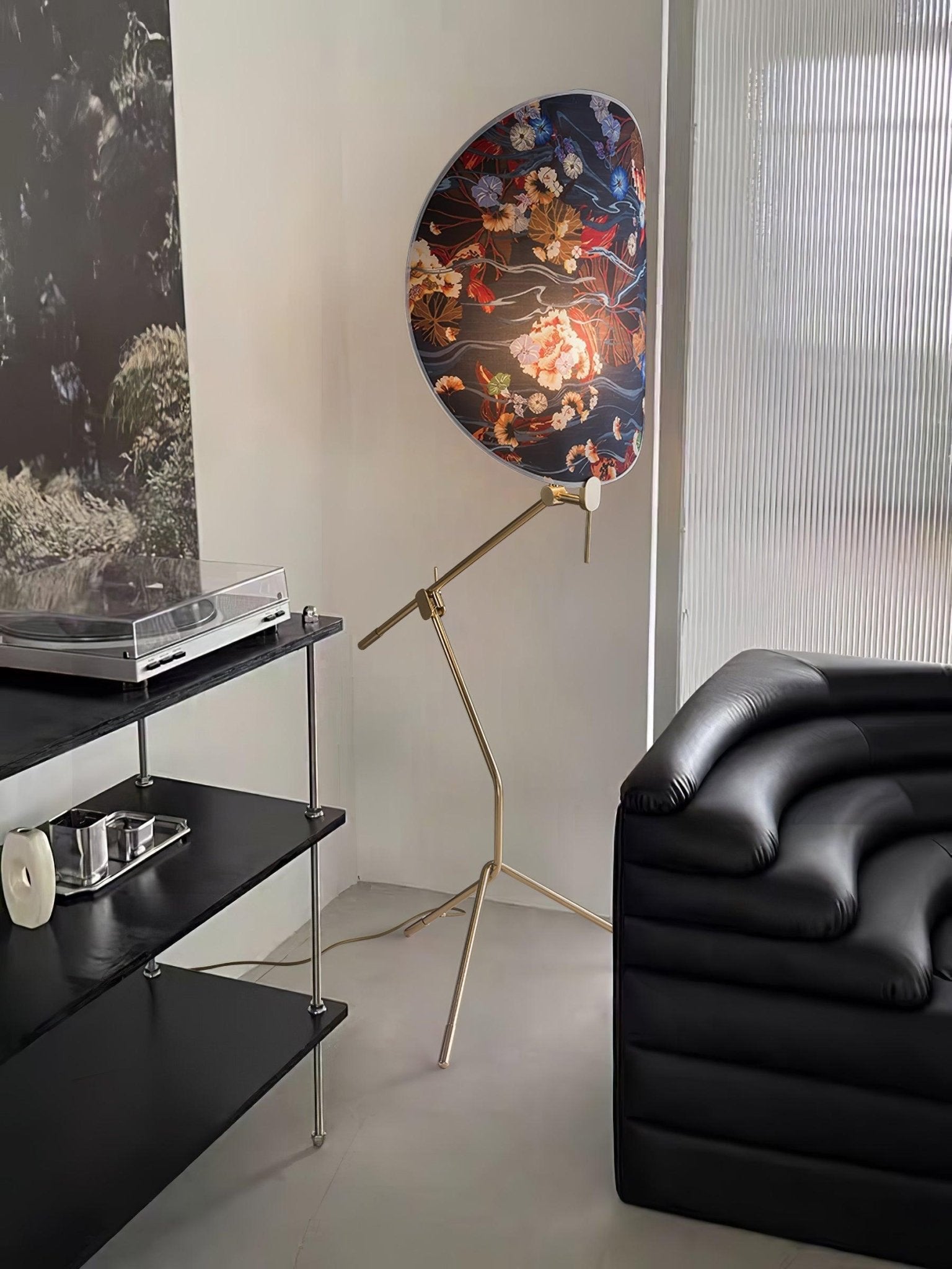 Botanical Print Cylinder Floor Lamp with Brass Tripod Base and Fabric Shade