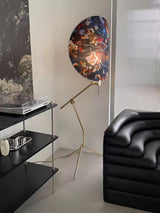 Botanical Print Cylinder Floor Lamp with Brass Tripod Base and Fabric Shade