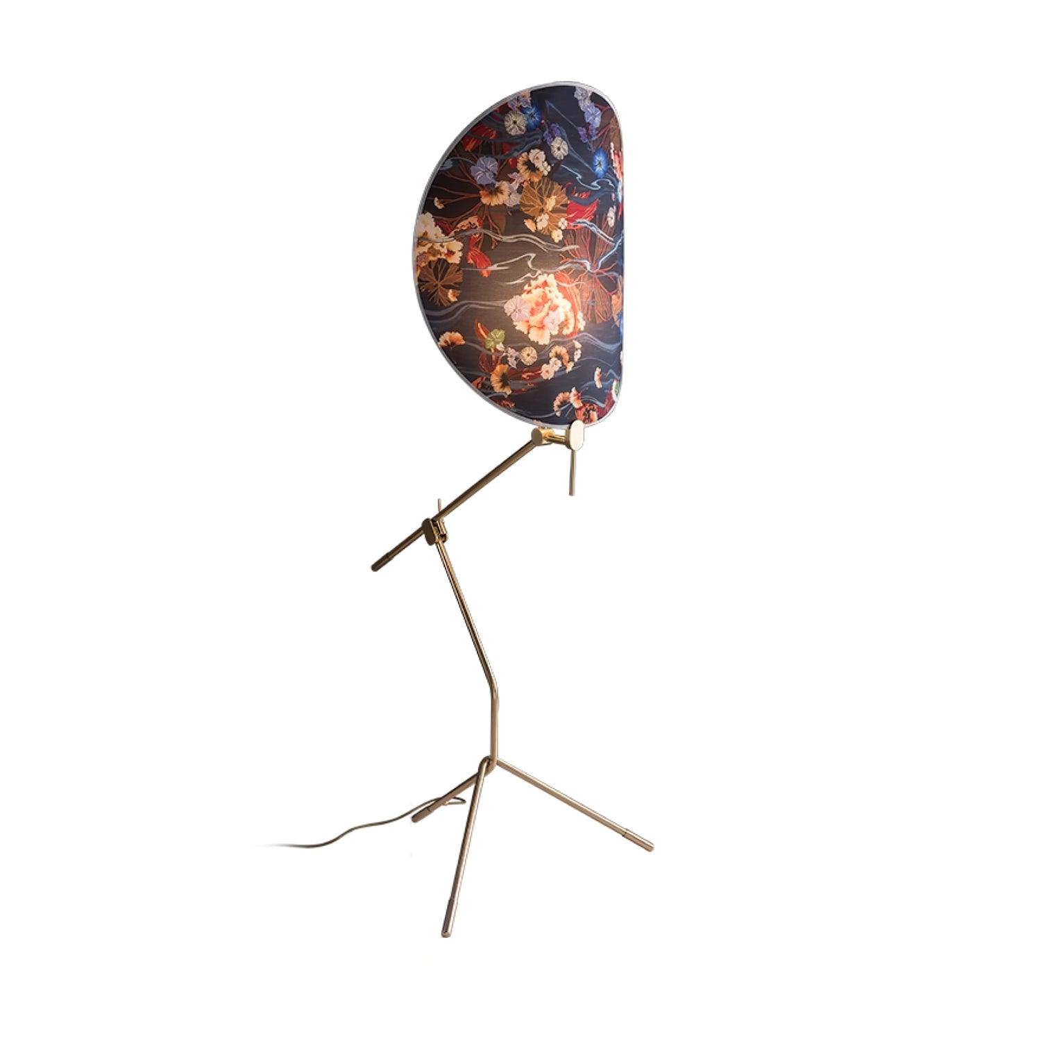 Botanical Print Cylinder Floor Lamp with Brass Tripod Base and Fabric Shade