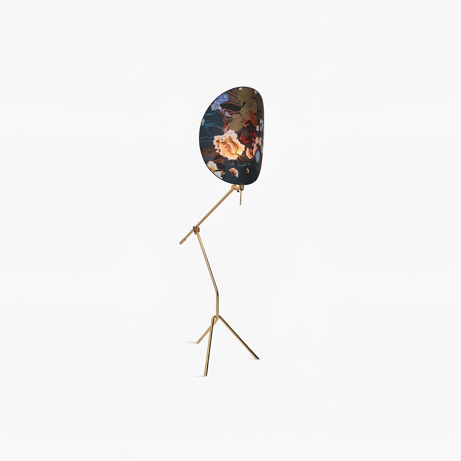 Botanical Print Cylinder Floor Lamp with Brass Tripod Base and Fabric Shade
