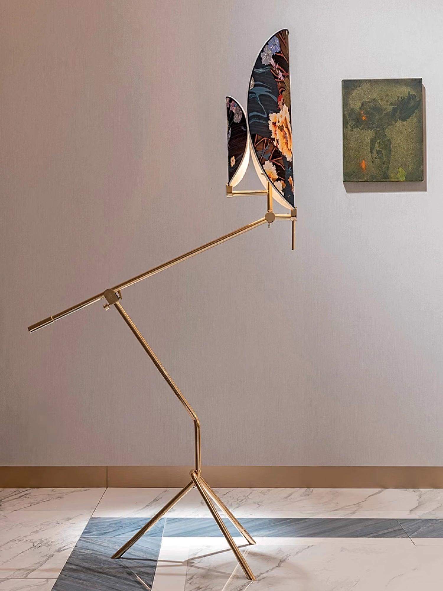 Botanical Print Cylinder Floor Lamp with Brass Tripod Base and Fabric Shade
