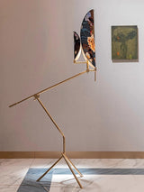 Botanical Print Cylinder Floor Lamp with Brass Tripod Base and Fabric Shade
