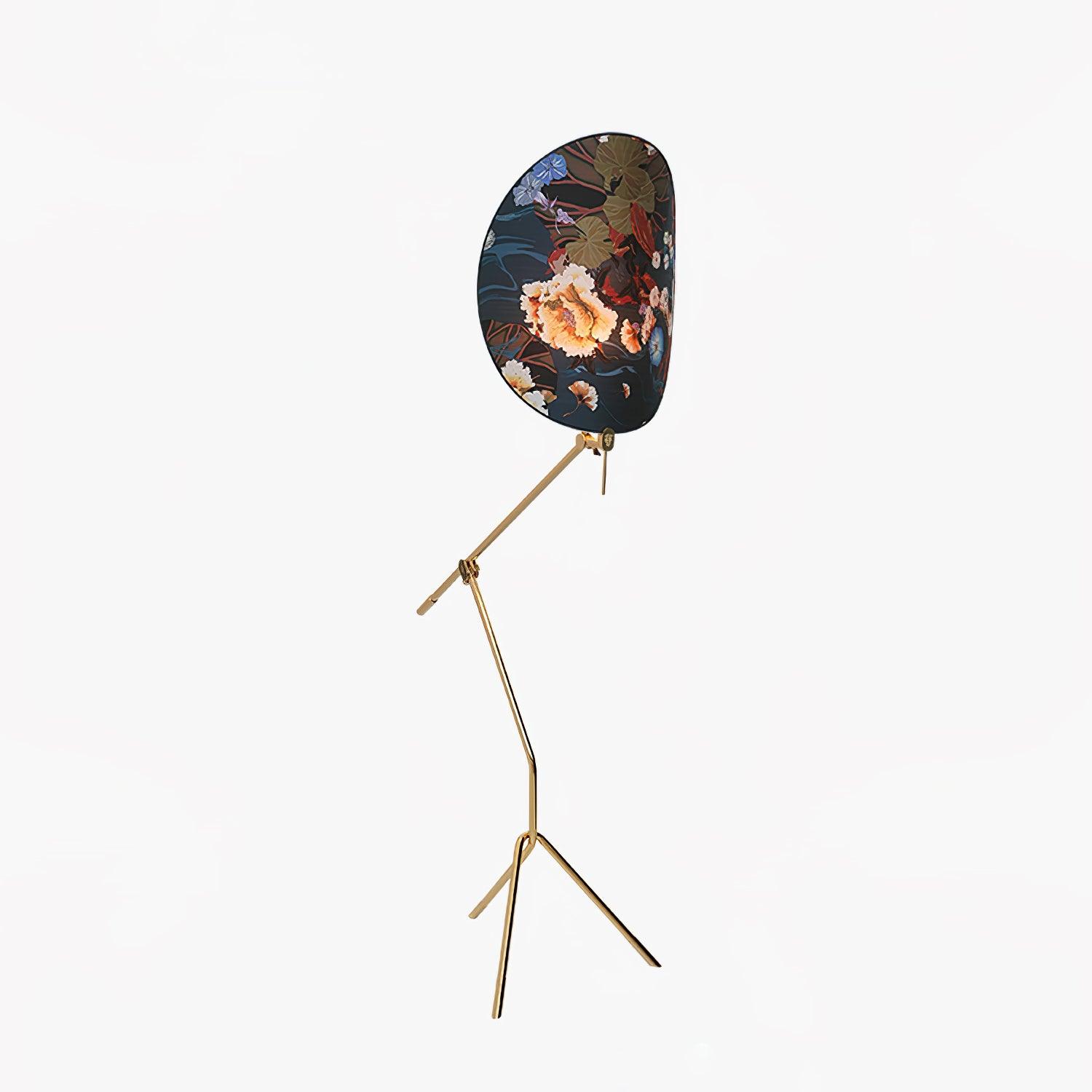 Botanical Print Cylinder Floor Lamp with Brass Tripod Base and Fabric Shade