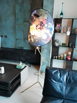 Botanical Print Cylinder Floor Lamp with Brass Tripod Base and Fabric Shade