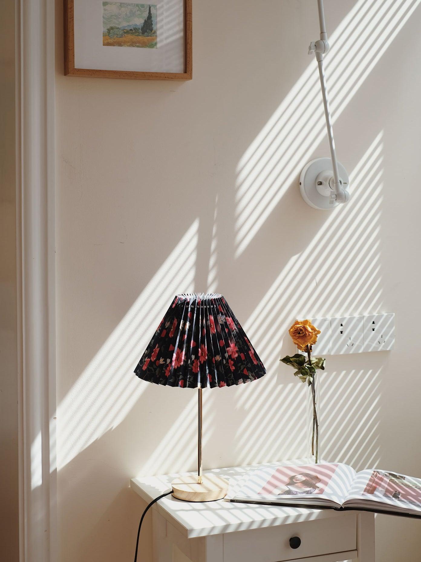 Flores Floral Pleated Shade Table Lamp with Wooden Base and Gold Accents