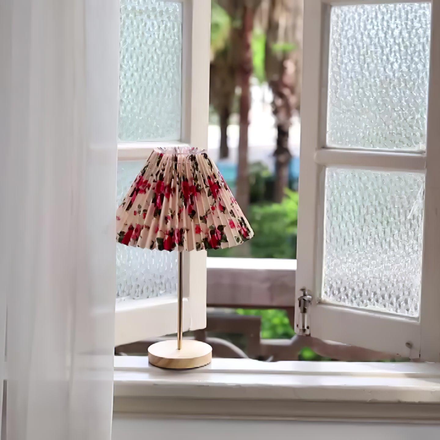 Flores Floral Pleated Shade Table Lamp with Wooden Base and Gold Accents