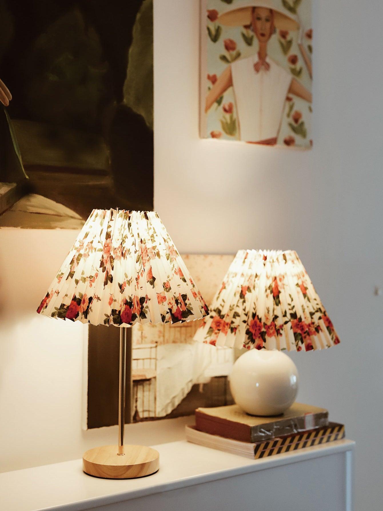 Flores Floral Pleated Shade Table Lamp with Wooden Base and Gold Accents