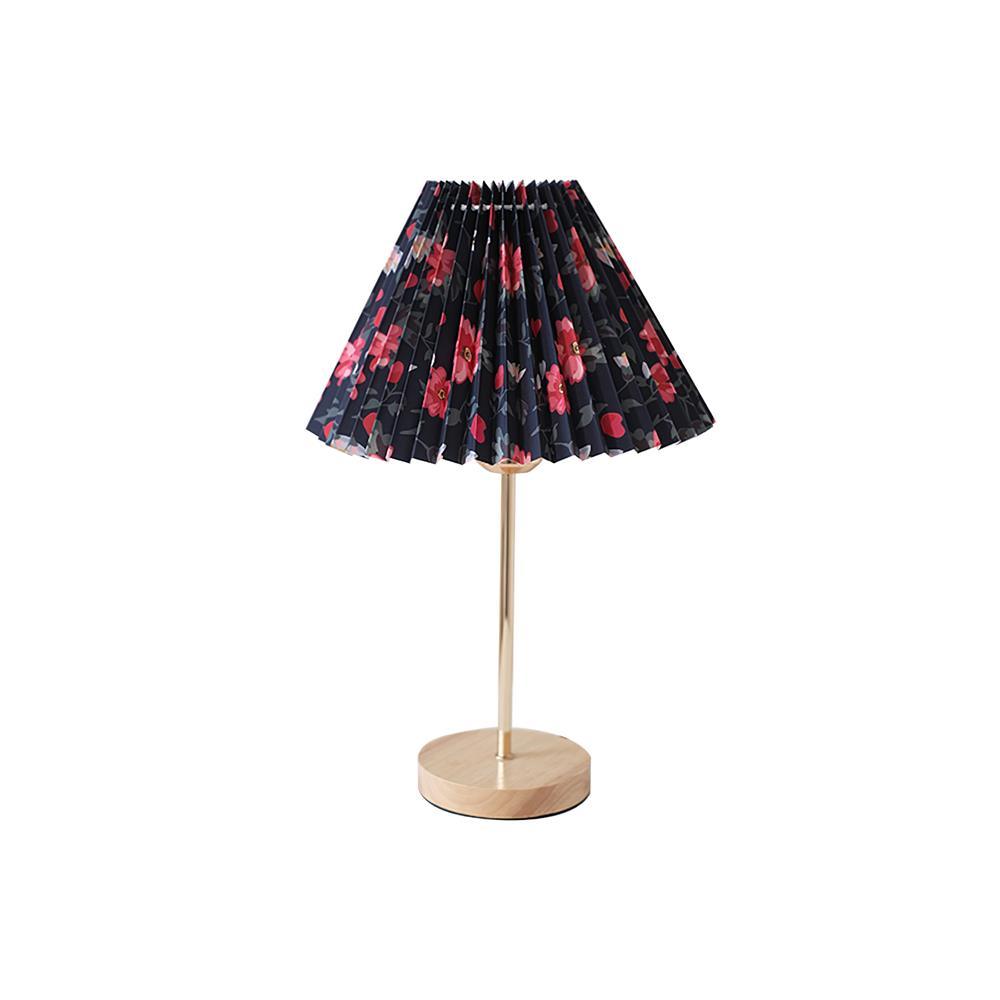 Flores Floral Pleated Shade Table Lamp with Wooden Base and Gold Accents