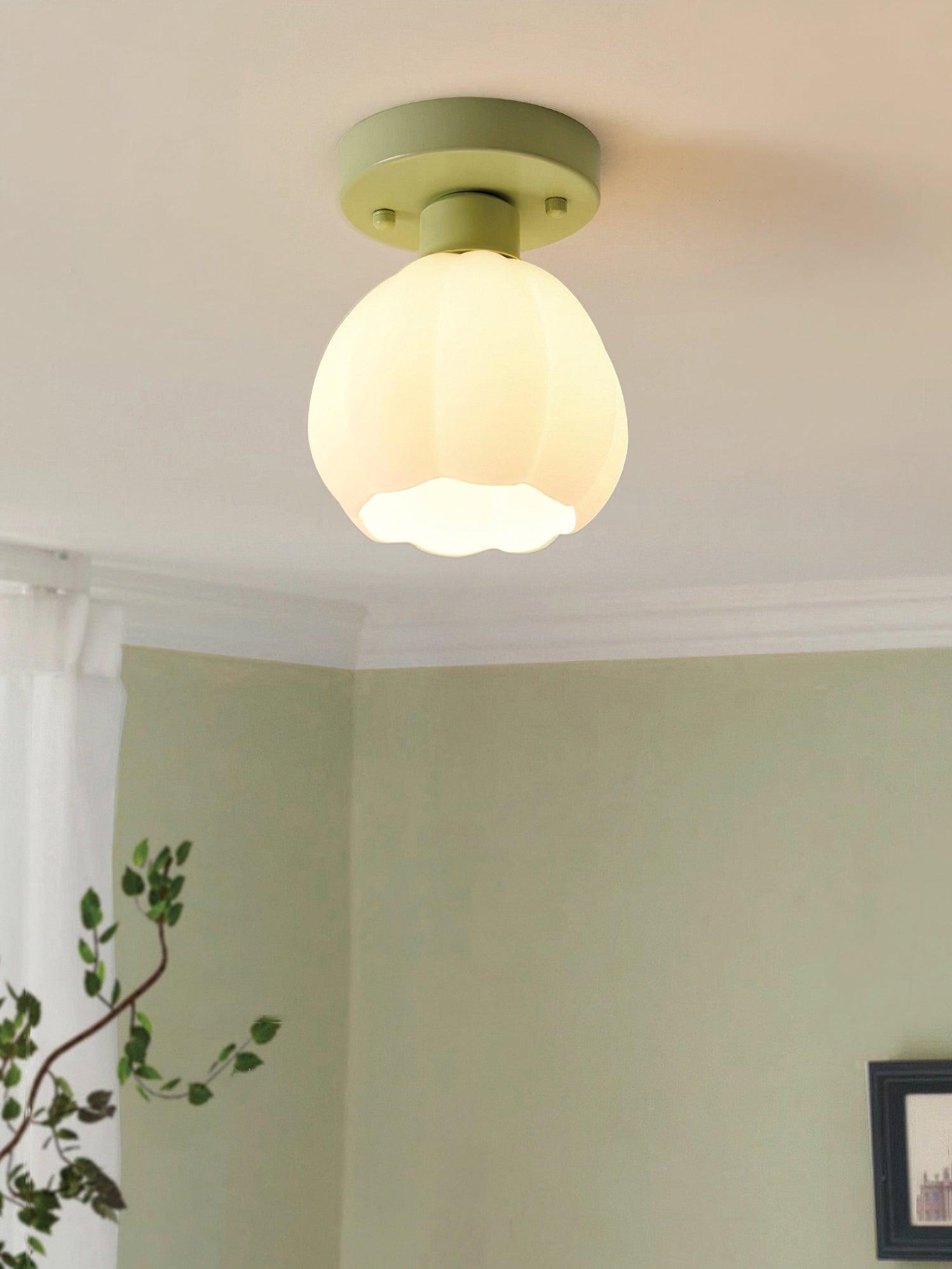 Decorative Green Floral Glass Semi Flush Mount Light with White Flower Shade