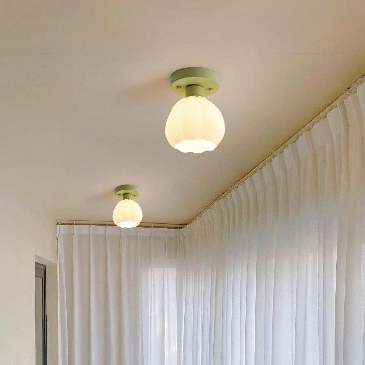 Decorative Green Floral Glass Semi Flush Mount Light with White Flower Shade