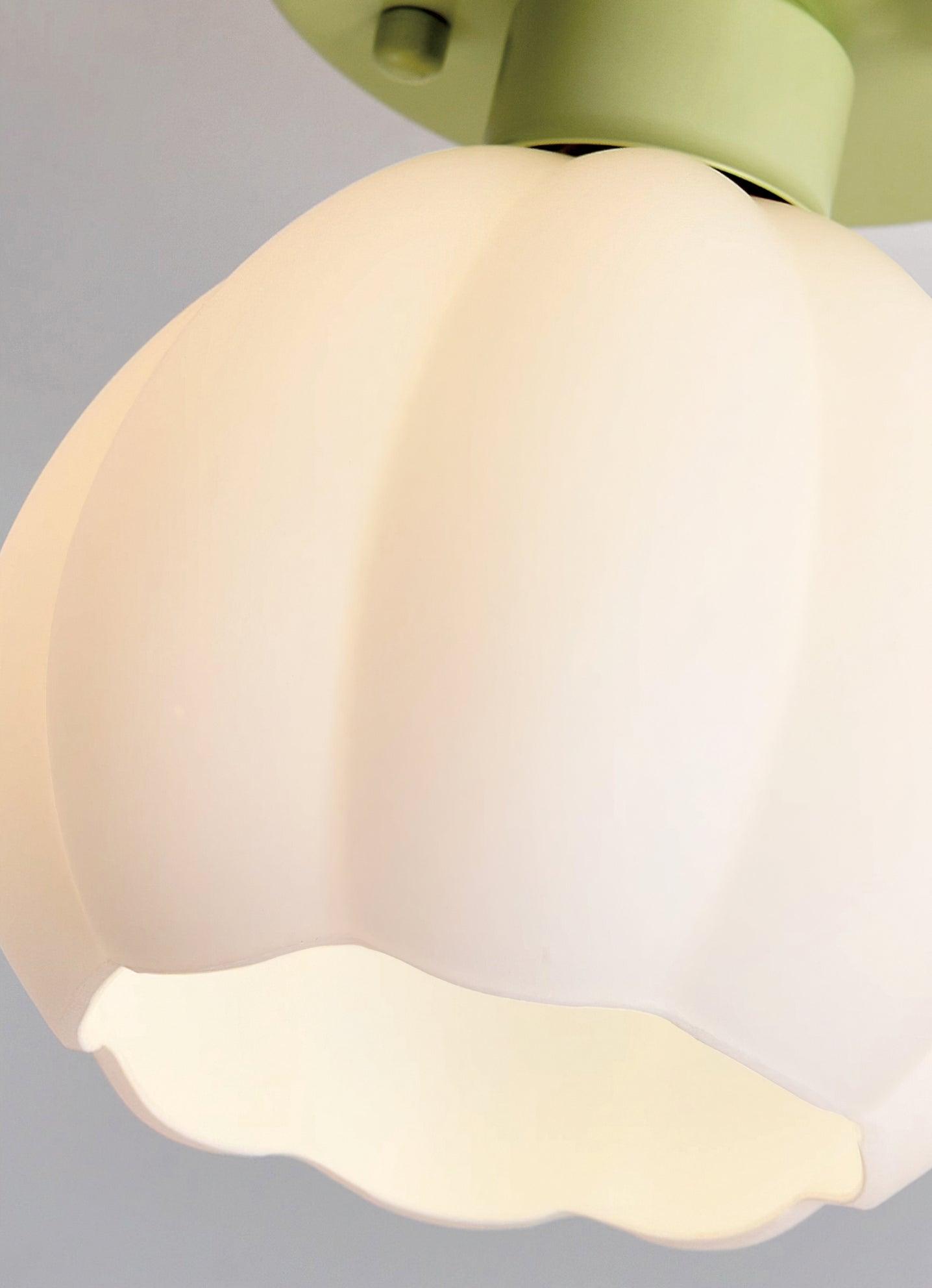 Decorative Green Floral Glass Semi Flush Mount Light with White Flower Shade
