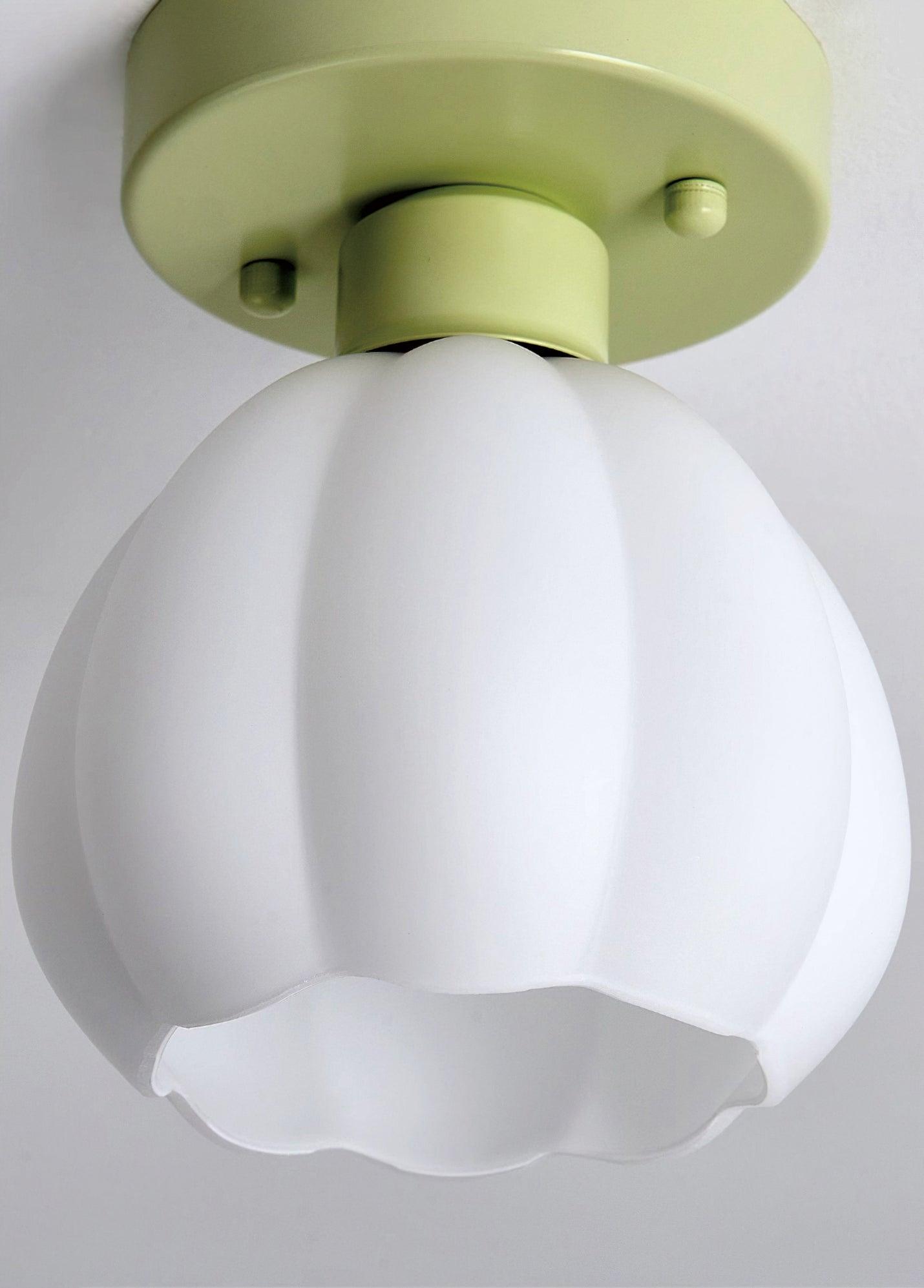Decorative Green Floral Glass Semi Flush Mount Light with White Flower Shade