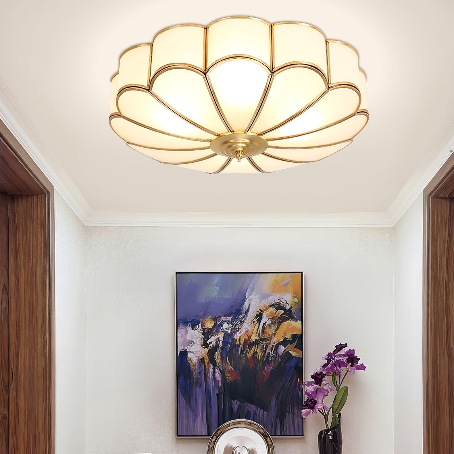 Modern Scalloped Brass Flush Mount Ceiling Light with White Glass Shade