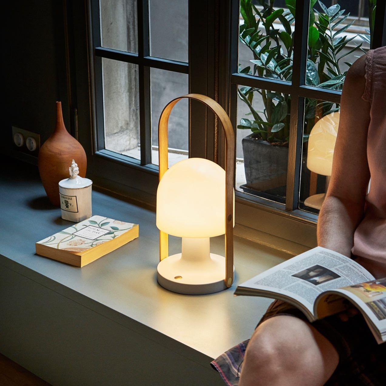 Portable Rechargeable Glass Bedside Table Lamp with Adjustable Tilting Shade and Wood Finish