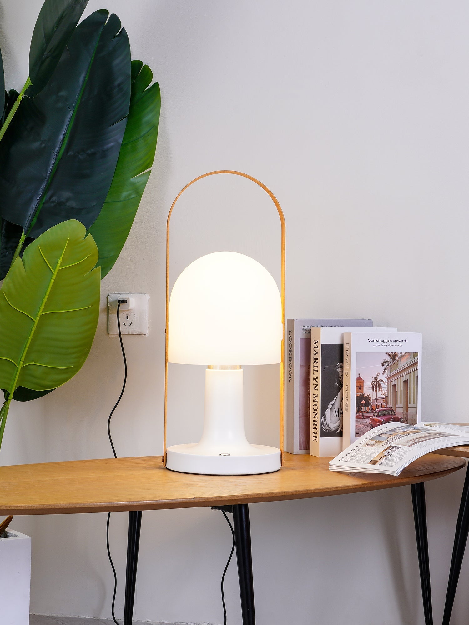 Portable Rechargeable Glass Bedside Table Lamp with Adjustable Tilting Shade and Wood Finish