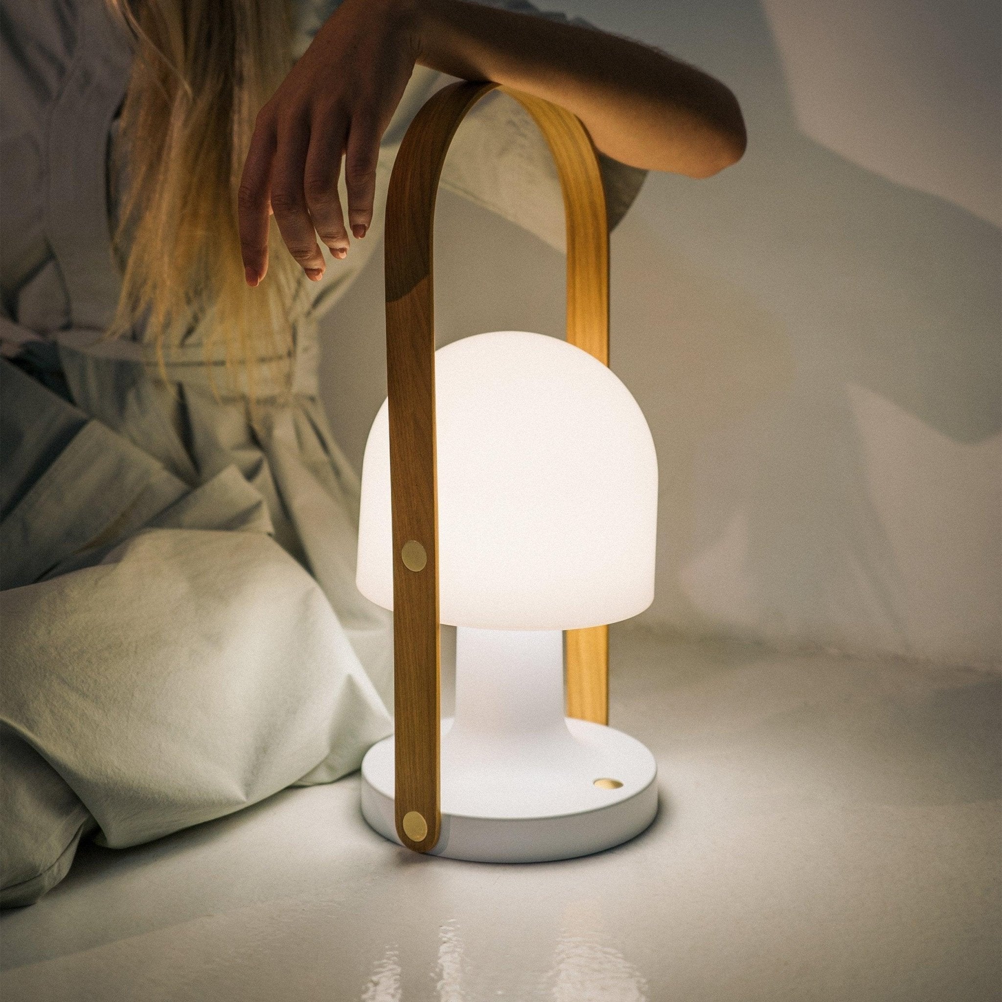 Portable Rechargeable Glass Bedside Table Lamp with Adjustable Tilting Shade and Wood Finish