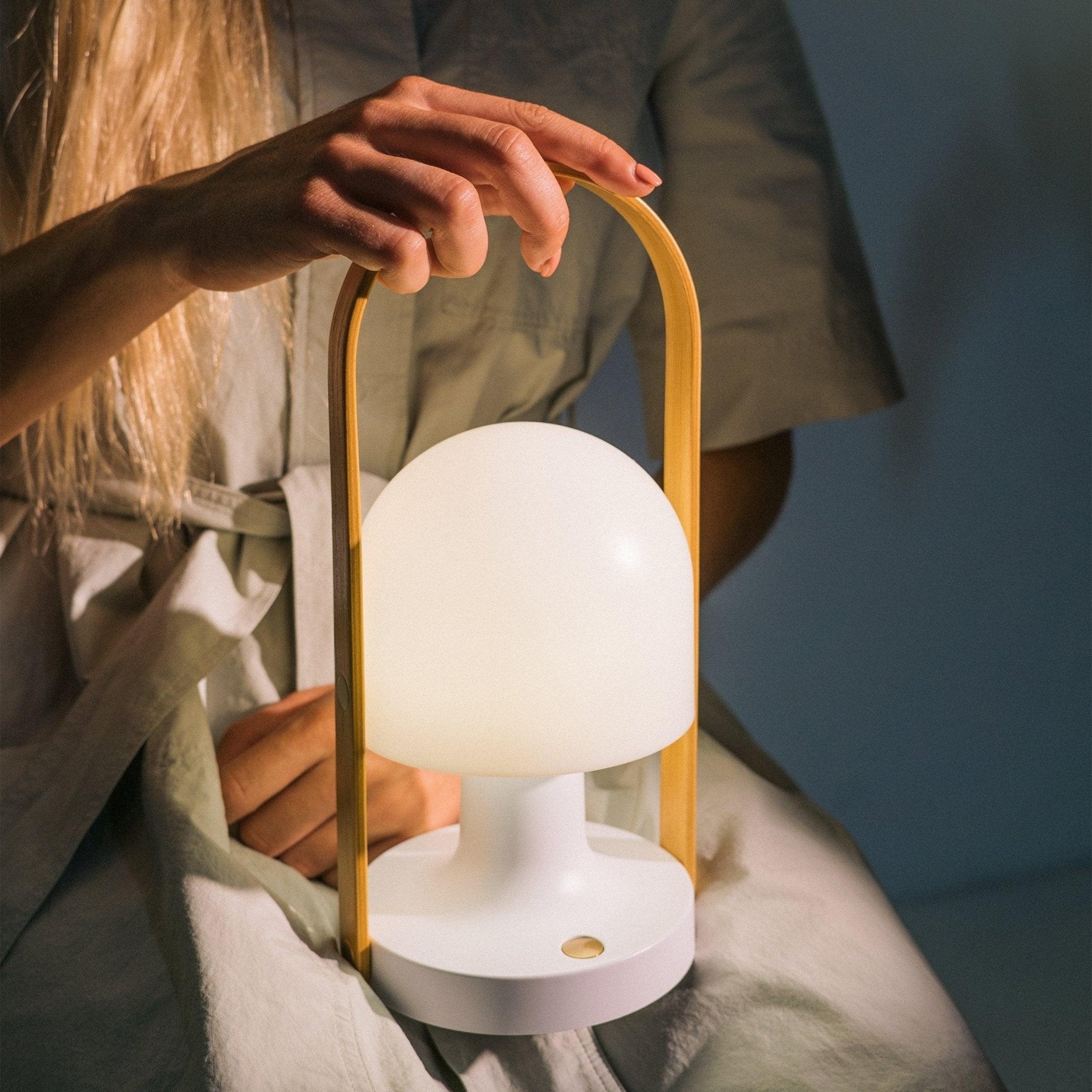 Portable Rechargeable Glass Bedside Table Lamp with Adjustable Tilting Shade and Wood Finish