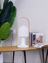 Portable Rechargeable Glass Bedside Table Lamp with Adjustable Tilting Shade and Wood Finish