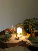 Portable Rechargeable Glass Bedside Table Lamp with Adjustable Tilting Shade and Wood Finish