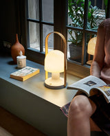 Portable Rechargeable Glass Bedside Table Lamp with Adjustable Tilting Shade and Wood Finish