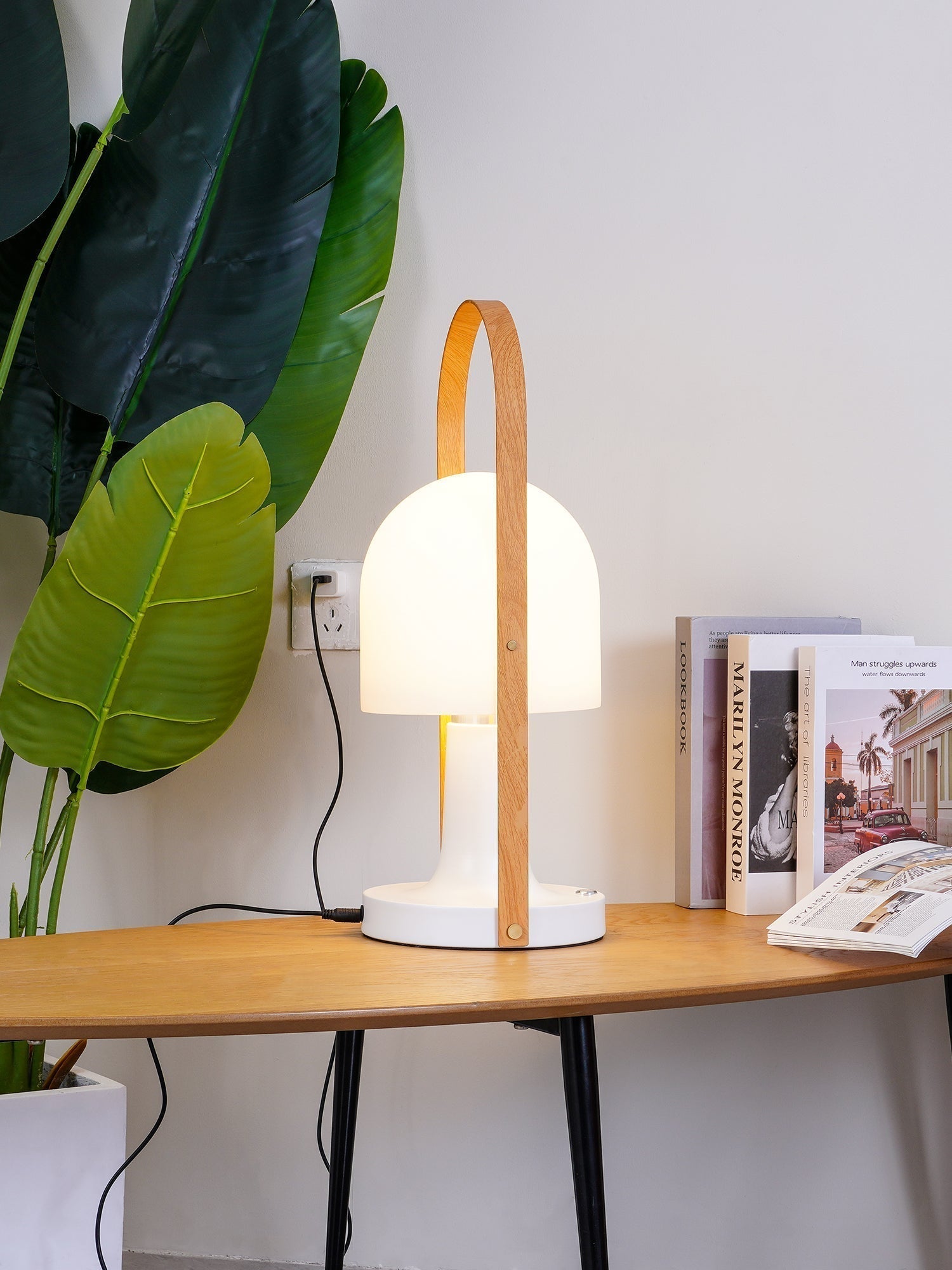 Portable Rechargeable Glass Bedside Table Lamp with Adjustable Tilting Shade and Wood Finish