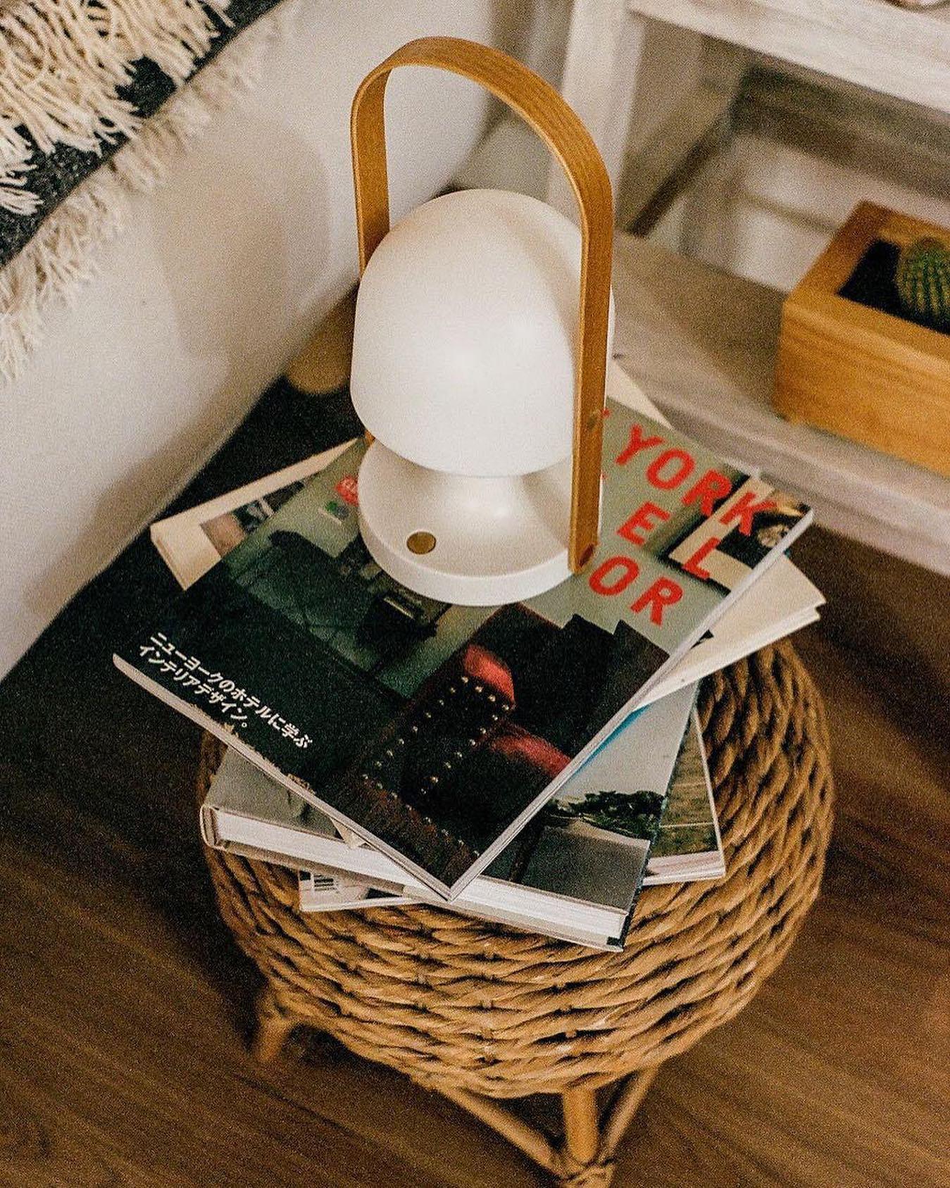 Portable Rechargeable Glass Bedside Table Lamp with Adjustable Tilting Shade and Wood Finish