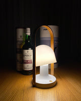 Portable Rechargeable Glass Bedside Table Lamp with Adjustable Tilting Shade and Wood Finish