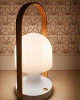 Portable Rechargeable Glass Bedside Table Lamp with Adjustable Tilting Shade and Wood Finish