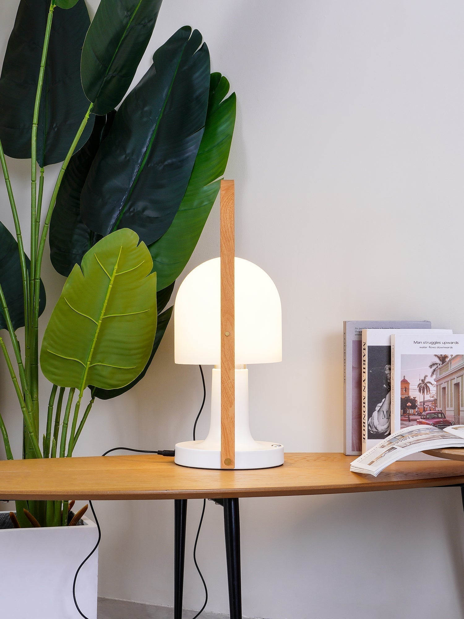 Portable Rechargeable Glass Bedside Table Lamp with Adjustable Tilting Shade and Wood Finish