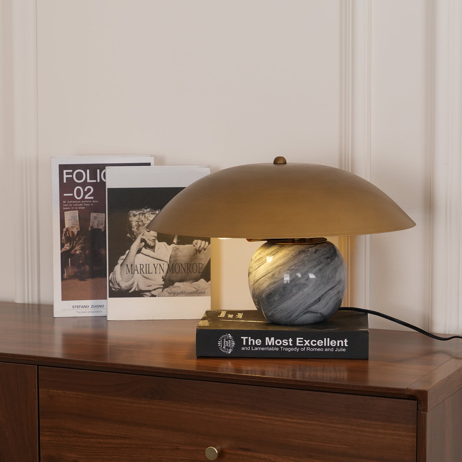 Formosa Modern Marble Sphere Table Lamp with Bronze Metal Tilt Shade for Bedroom and Living Room