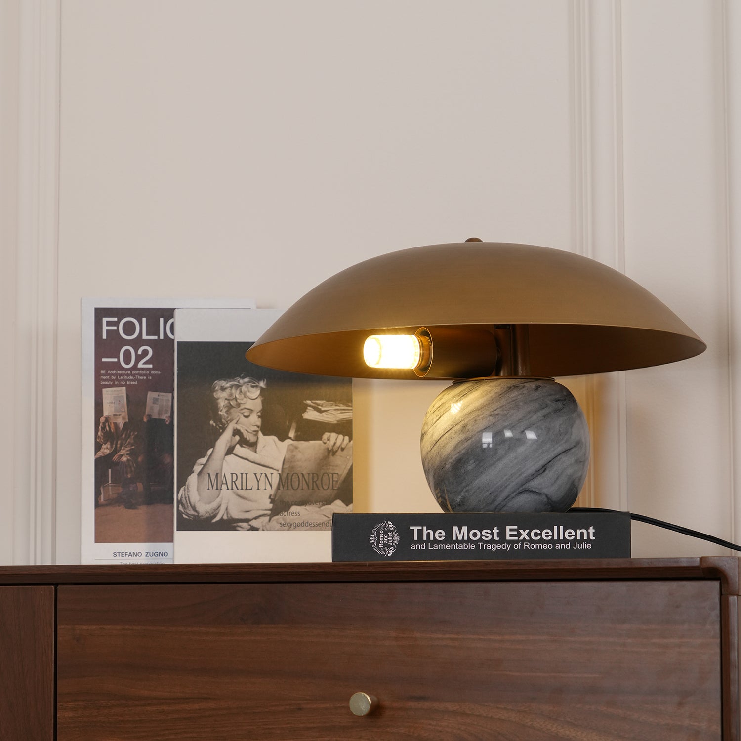 Formosa Modern Marble Sphere Table Lamp with Bronze Metal Tilt Shade for Bedroom and Living Room