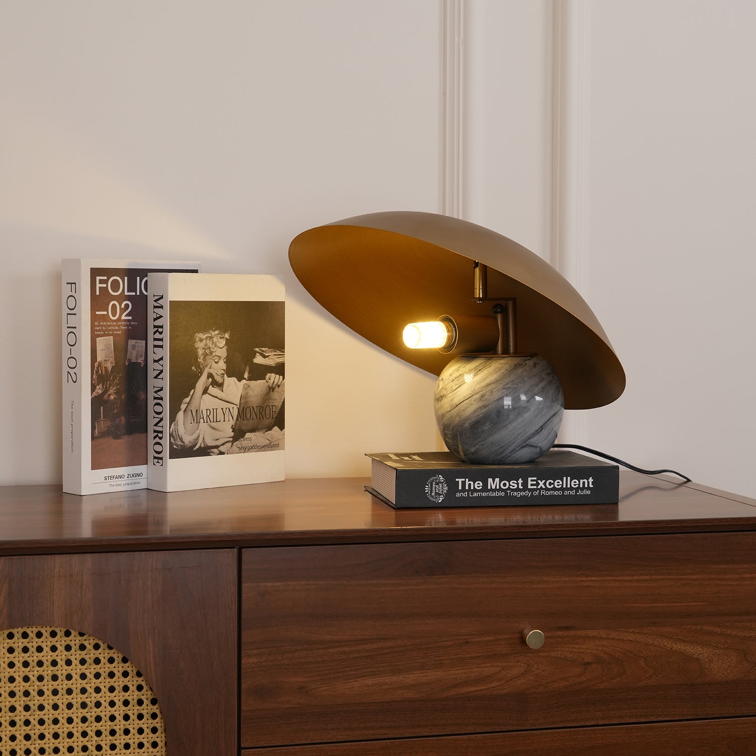 Formosa Modern Marble Sphere Table Lamp with Bronze Metal Tilt Shade for Bedroom and Living Room