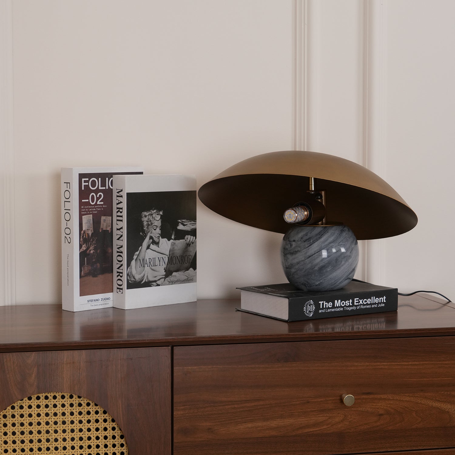 Formosa Modern Marble Sphere Table Lamp with Bronze Metal Tilt Shade for Bedroom and Living Room