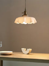 Vintage Ceramic Pleated Floral Pendant Light French Style Brass Hanging Ceiling Lamp