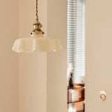 Vintage Ceramic Pleated Floral Pendant Light French Style Brass Hanging Ceiling Lamp