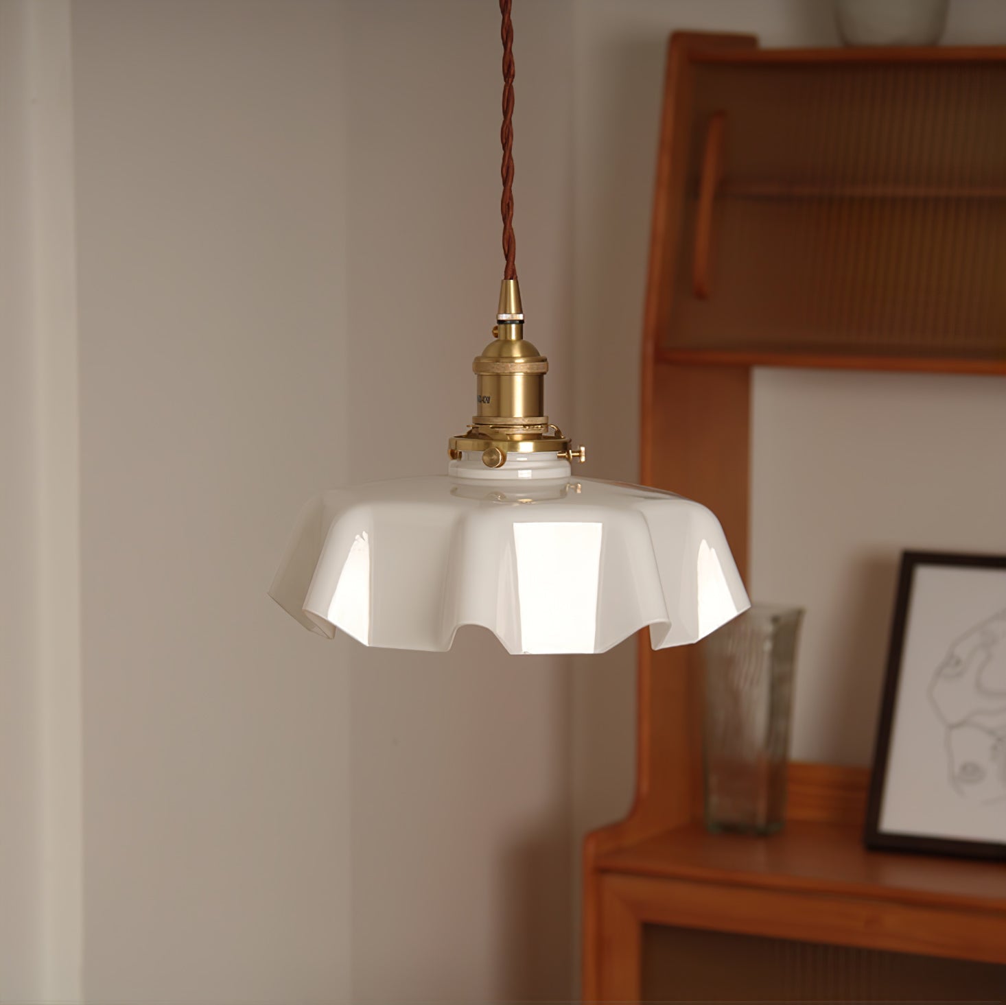 Vintage Ceramic Pleated Floral Pendant Light French Style Brass Hanging Ceiling Lamp