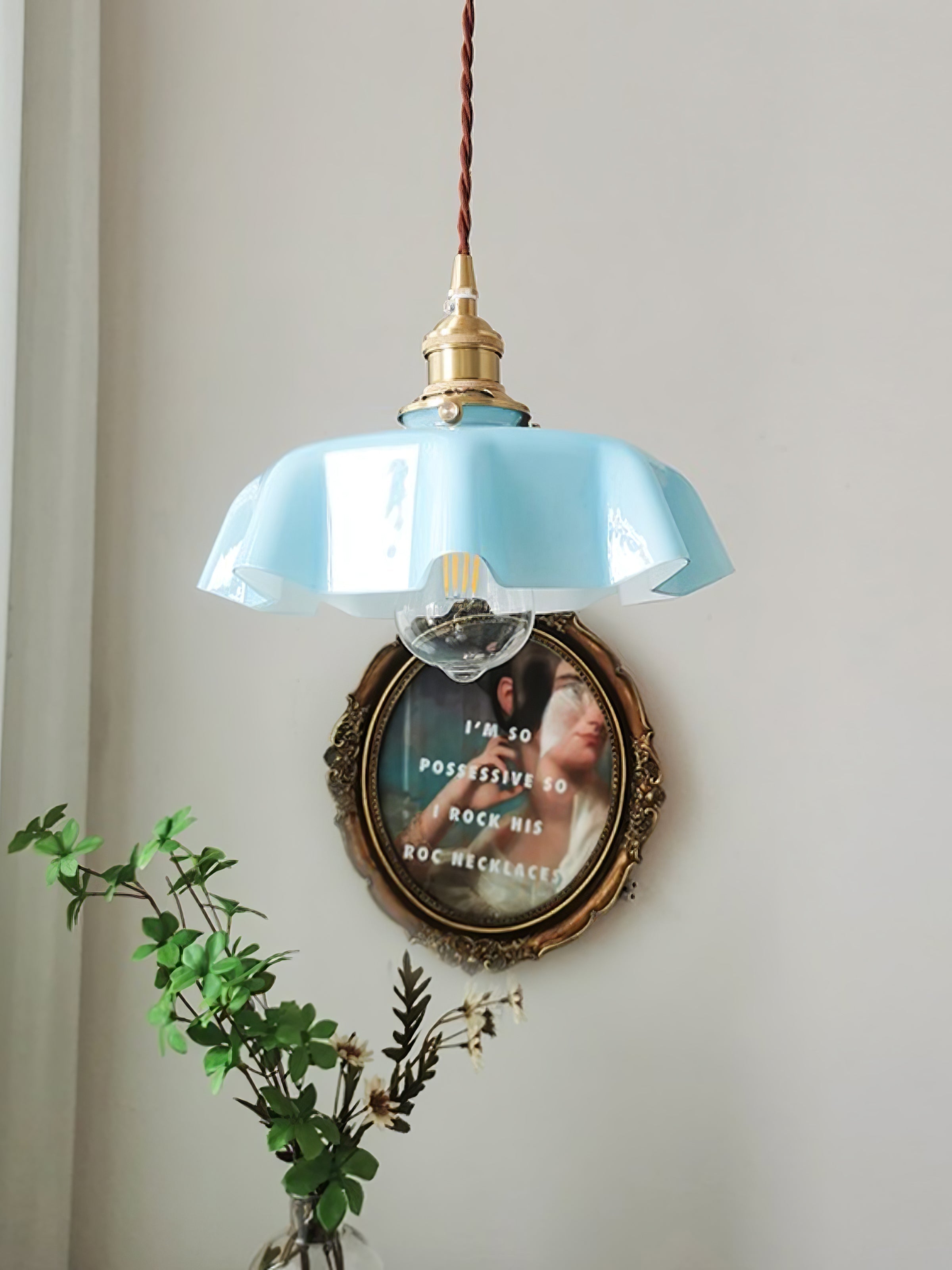 Vintage Ceramic Pleated Floral Pendant Light French Style Brass Hanging Ceiling Lamp