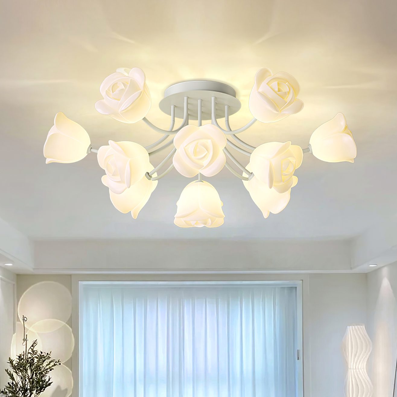 elegant-floral-rose-ceiling-light-fixture-for-romantic-bedroom-decor-white-and-green-finishes