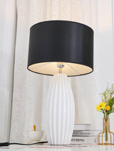 Elegant Fluted Ceramic Table Lamp with Linen Shade and Ribbed Body for Modern Nightstands