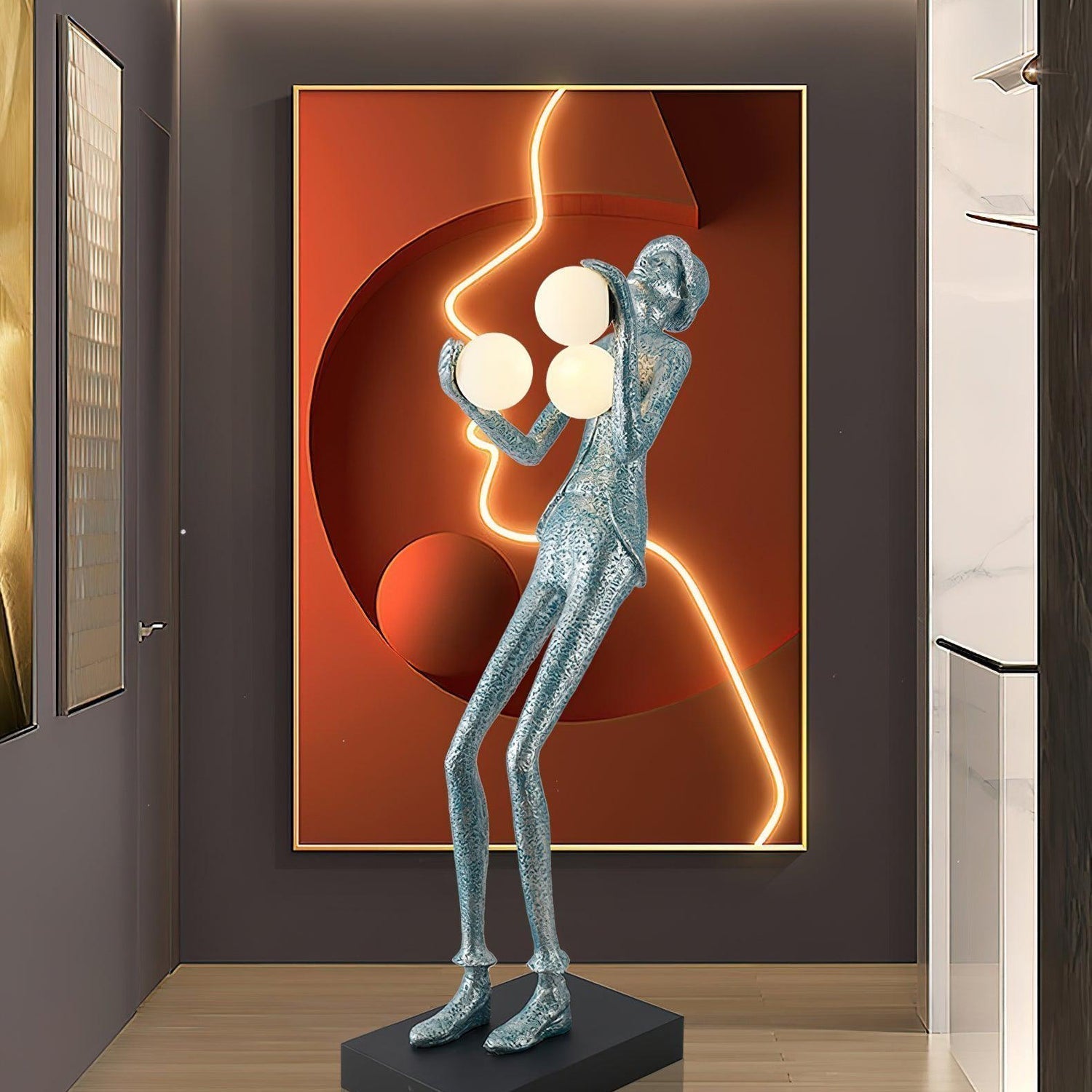 Modern Gentleman Sculpture Standing Floor Lamp with Glowing Glass Globes